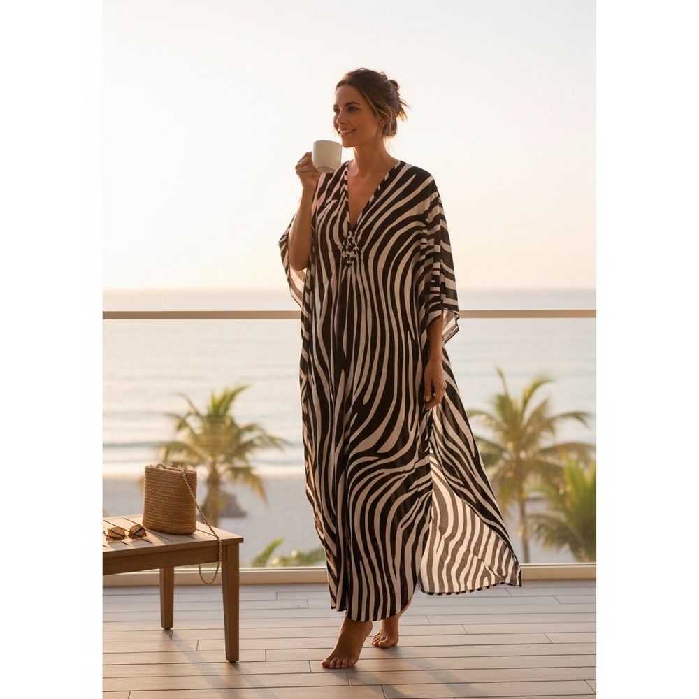 Unbranded Kaftan Cover-Up Women One Size Black White Zebra Print V-Neck Maxi